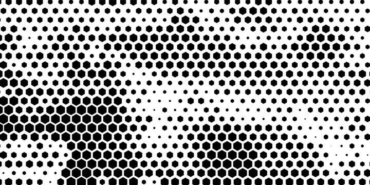 Hexagon halftone gradient texture. Abstract black grunge background. Geometric retro halftone tech overlay. Fading wavy hexagonal pattern backdrop. Vector vanishing honeycomb grunge bitmap wallpaper