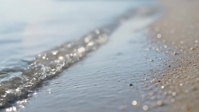Gentle ocean waves lapping against the sandy beach in a peaceful close up scene on a sunny day