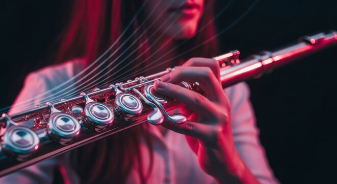 Artistic motion blur effects highlight the elegant keys and polished silver body of a flute during a soft and melodic musical performance, reflection, aesthetic, metal