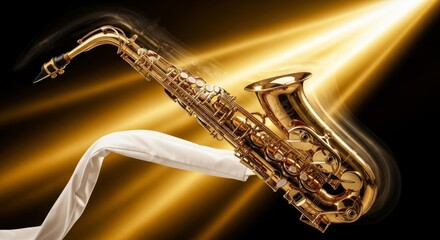 Obraz premium Brass saxophone in motion, framed by a white sleeve with artistic blur, illuminated by a warm golden spotlight glow within a dark atmosphere, reflection, mood, movement
