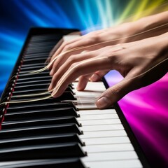 Obraz premium Close up of fingers moving rapidly across black and white piano keys with a motion blur effect during a fast paced and energetic performance, motion, technique, energy