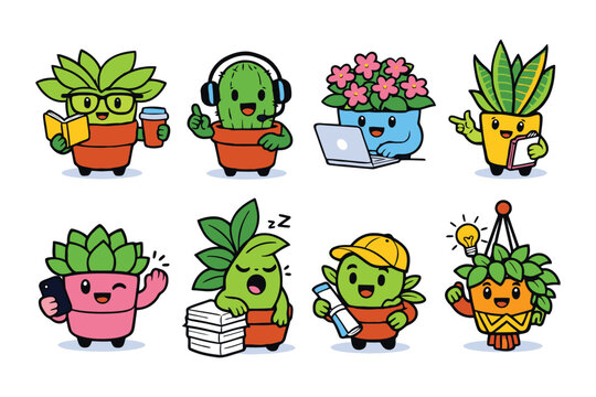 Set of cute cactus and succulent plant characters doing daily office work and professional activities