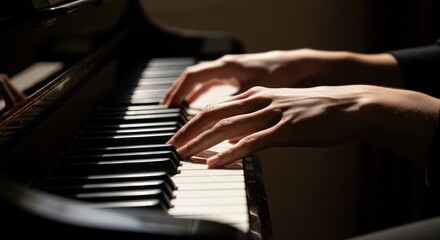Fototapeta premium Close-up of adult hands playing the piano, capturing the artistry, music, and skill with musical instrument.