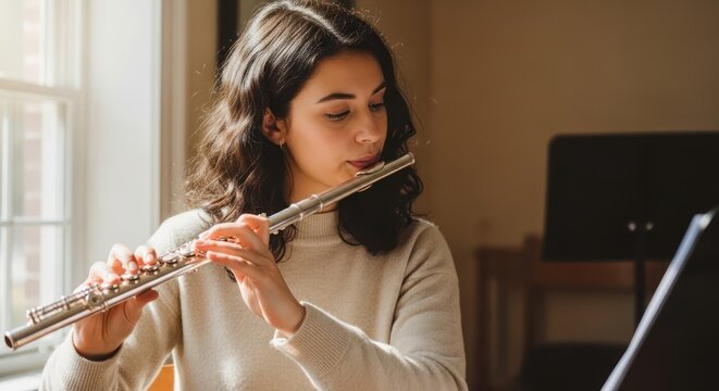 Young woman playing flute indoors by window, practicing music at home with sheet music stand.