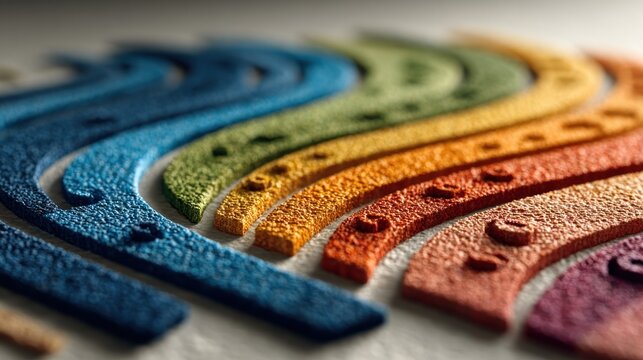 Close-up of colorful, textured energy labels arranged in a semi-circle
