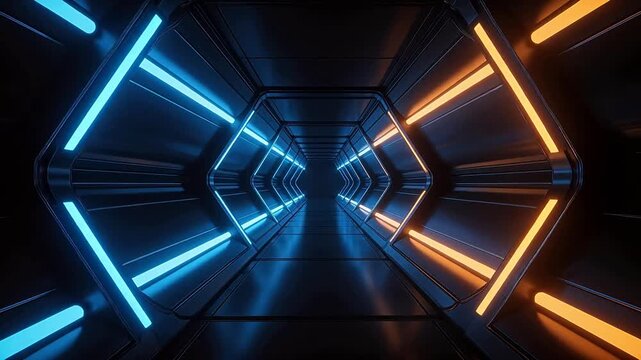 Futuristic corridor with neon lights