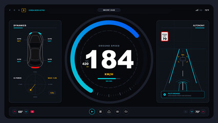 Modern smart car dashboard UI illustration with digital speedometer, navigation map, music player and climate control interface. Futuristic automotive display design ideal for electric vehicles. © Meico Studio