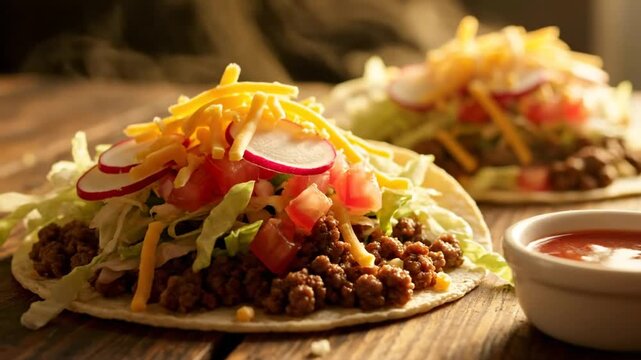 Deliciously Steaming Tacos on a Wooden Table with Fresh Toppings and Salsa in a Close Up Shot