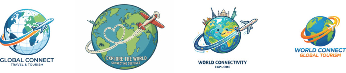 Naklejka premium A stylized globe with a plane in flight leaving curved trail set. Ideal for tourism promotions and world connectivity. Vector isolated on white