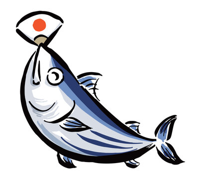 日の丸の扇子で祝う魚（カツオ）