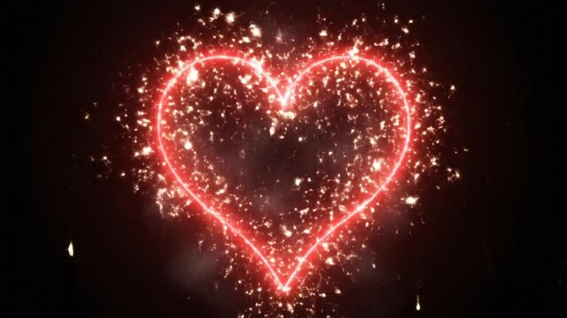 Heart shaped firework display with glowing red outline at night