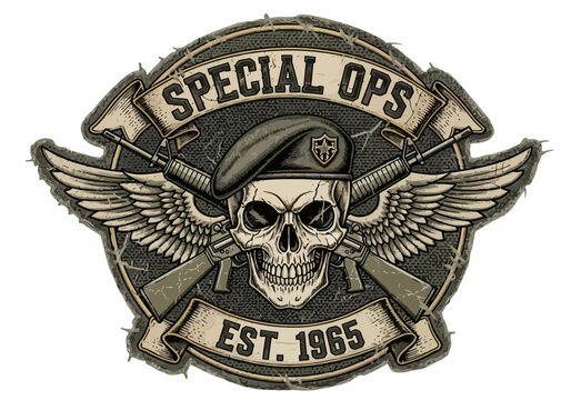 Distressed Special Operations Emblem with Skull, Beret, Crossed Rifles, and Wings, Established 1965 Badge Design