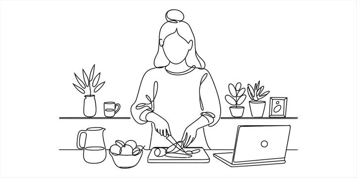 Woman cooking in the kitchen looking at a laptop to follow a healthy recipe Vector, illustration