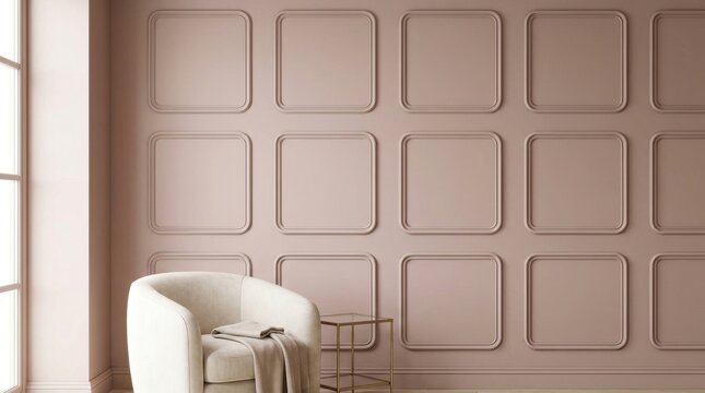 Blush pink decorating walls with moulding room mockup, rounded square wall panels, cream lounge chair, brass side table, soft daylight, elegant feminine interior background with copy space area