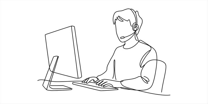 Customer support representative wearing headset working at computer desk in continuous line drawing style Vector, illustration