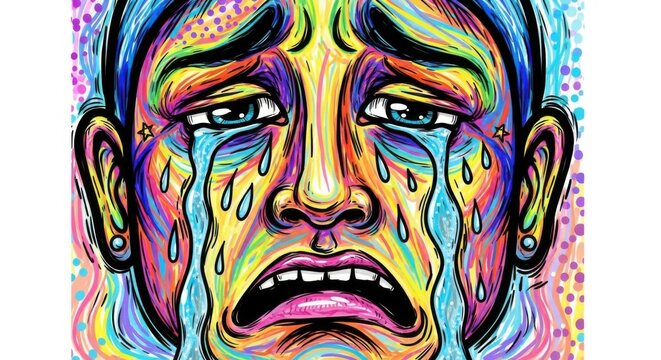 Emotional Colorful Portrait of a Person with Tears and Sadness
