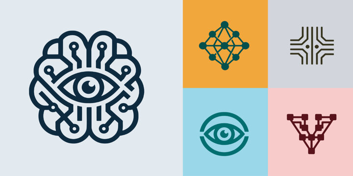 Collection of abstract digital icons representing artificial intelligence, technology, and vision.