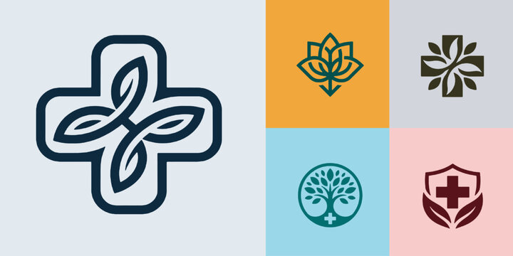 Collection of medical and wellness logos featuring crosses, leaves, lotus, and tree of life symbols.