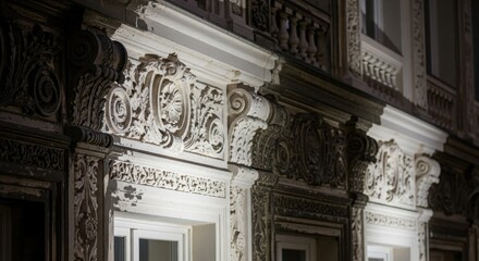 Obraz premium Intricate Antique Facade Details of a Historic European Building at Night Illuminated