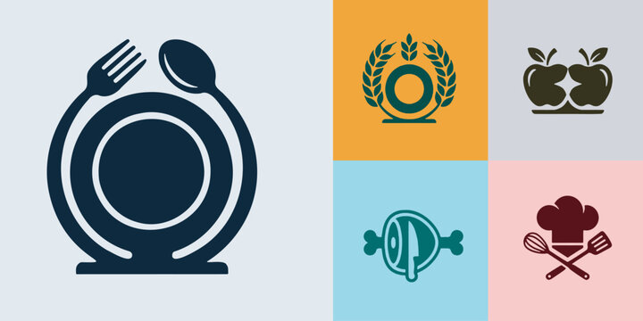 Collection of five diverse food and restaurant logos, including cutlery, fruit, meat, and chef symbols.