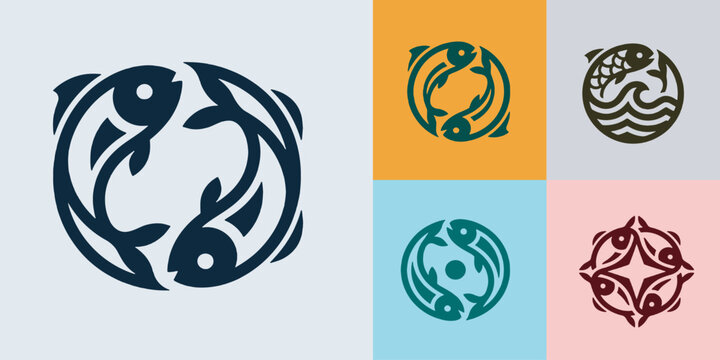 Pisces zodiac sign symbols and icons featuring fish in circular designs.