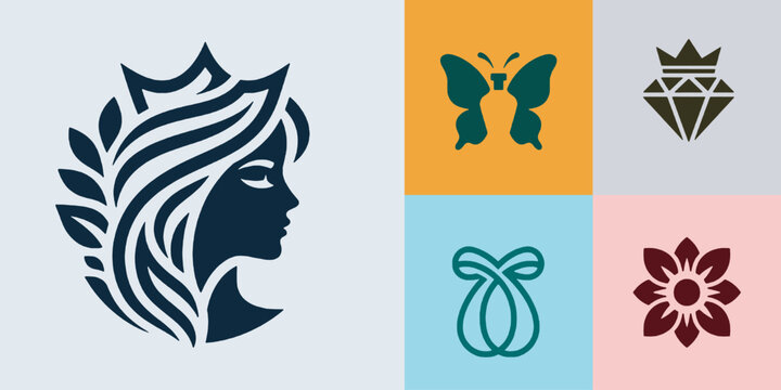 Collection of five elegant vector logos and icons featuring a woman's profile, butterfly, diamond, bow, and flower.