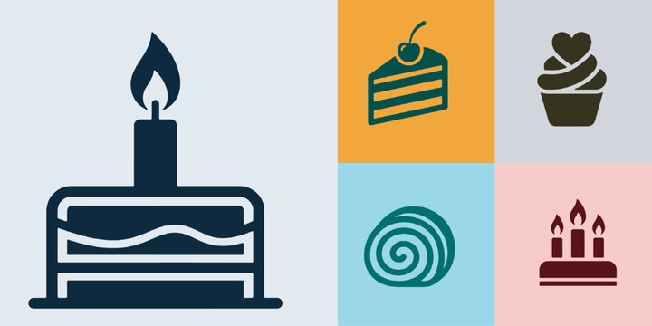 Collection of various dessert icons including cake, cupcake, and pastry, perfect for celebrations and sweet treats.