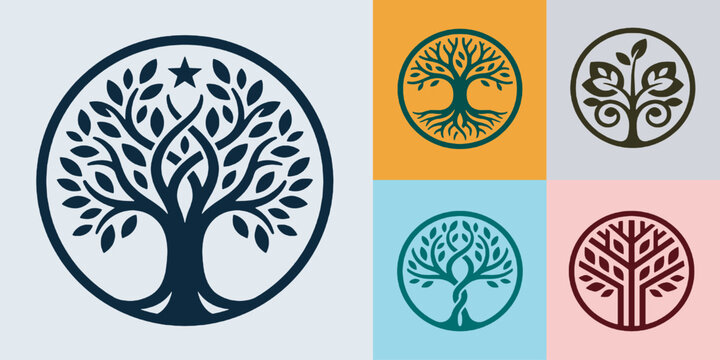 Set of tree of life logos and emblems with circular designs, representing nature, growth, and spirituality.