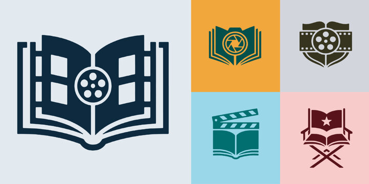 Set of film and cinema related icons including books, film reels, clapperboards, and director's chairs, representing storytelling and movie production.