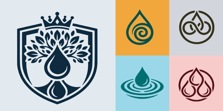 Set of water drop logos and emblems, including a tree of life design and various water symbols.