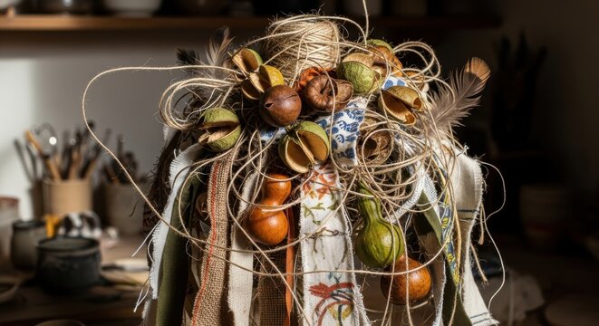Rustic organic assemblage of dried seed pods twine and textured fabrics for natural craft decoration