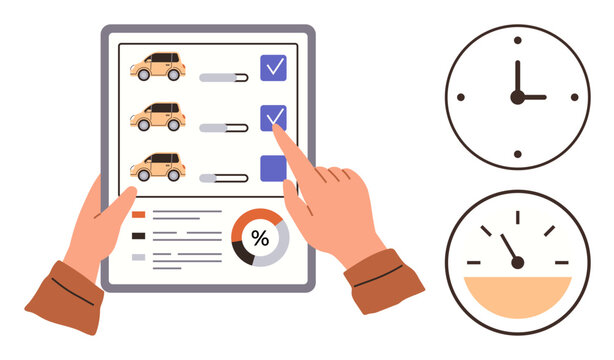 Car selection, fleet management, rental services, time tracking, performance metrics, digital tools. Hands using a tablet to select cars. Car selection and fleet management concept