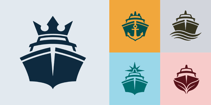 Set of various ship and boat logos and emblems, including a cruise ship with a crown, anchor, and waves, suitable for maritime businesses.