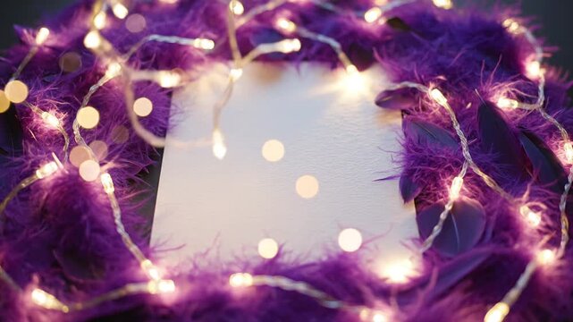 Blank white card framed by purple feathers and fairy lights