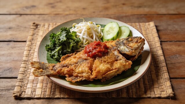 Crispy Indonesian deep fried gourami fish or ikan gurame goreng served with spicy sambal chili paste fresh cucumber and vegetables on a plate