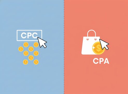 Comparison illustration between CPC and CPA advertising models with cursor, shopping bag, and gold coins.