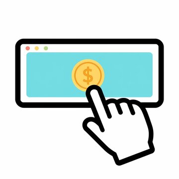 Hand clicking on a dollar coin button on a browser window, symbolizing digital payment, CPC, and online banking.