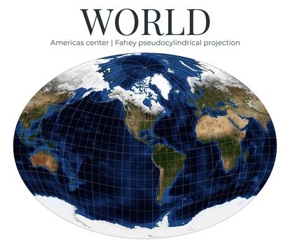 World Map in Fahey Pseudocylindrical Projection. Detailed view of Earth with Americas centered. High-resolution physical map. April View. Elements of this image furnished by NASA.