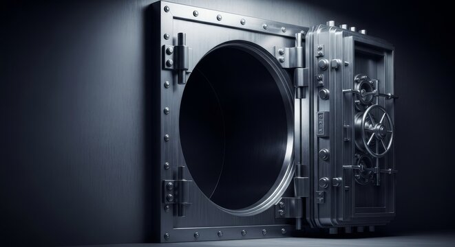 A heavy steel security vault sits securely against a dark wall with its heavy door slightly ajar to reveal a protected and empty interior, door, matte, protection