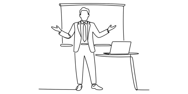 Businessman giving a presentation in front of a whiteboard and a laptop in a single continuous line drawing style Vector, illustration