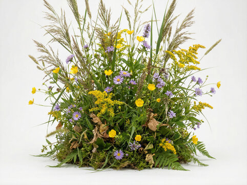 Wildflower arrangement with yellow buttercups and purple asters on a plain white background isolated on transparent background