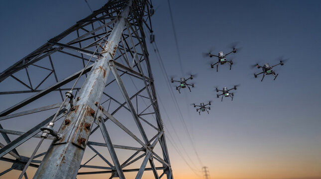 Fleet of inspection drones performs aerial monitoring of a high-voltage transmission tower and power lines at sunset