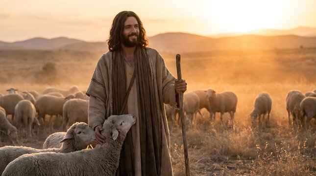 Jesus the good shepherd walks through arid landscape guiding flock of sheep during golden hour, gentle smile, wearing traditional robe, symbolizing divine love and protection.