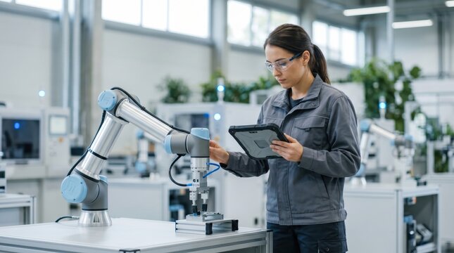 Female engineer programming collaborative robot arm with tablet in high-tech manufacturing factory focusing on industrial automation and precision assembly line technology.