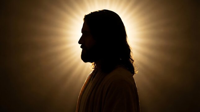 Silhouette of Jesus' profile against radiant golden sunburst, conveying spiritual light, divine presence, and enlightened wisdom, evoking powerful religious feeling.
