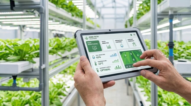 Modern smart agriculture technology using tablet to monitor hydroponic vertical farm, automated crop data analysis and irrigation control system for sustainable organic food