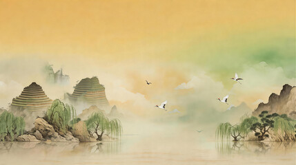 Naklejka premium This traditional Chinese watercolor landscape features misty mountains, willow trees by the water, flying cranes, and a warm hazy sky, creating a peaceful tranquil natural scene.