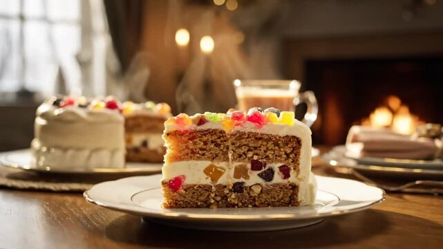 Cozy holiday scene with a slice of delicious fruitcake steaming on a table, with other cakes and a fireplace blurred in the background