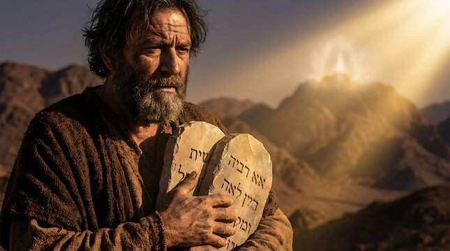 Aged man holding stone tablets on mount sinai during sunset with divine light beaming from heaven in desert landscape biblical patriarch standing with ancient law commandments ruins.