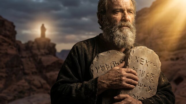 Elderly bearded figure clutching carved stone tablets in rocky mountain setting under dramatic sky with distant silhouette and warm light rays across wilderness at twilight period.